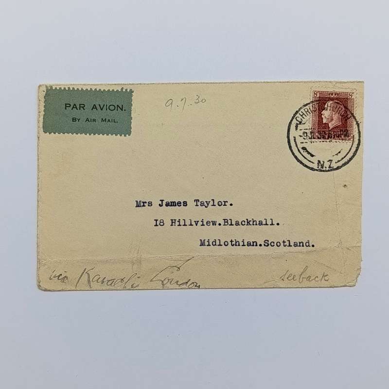 Air mail cover from Christchurch New Zealand to Scotland 9-7-1930 - with 8d New Zealand stamp