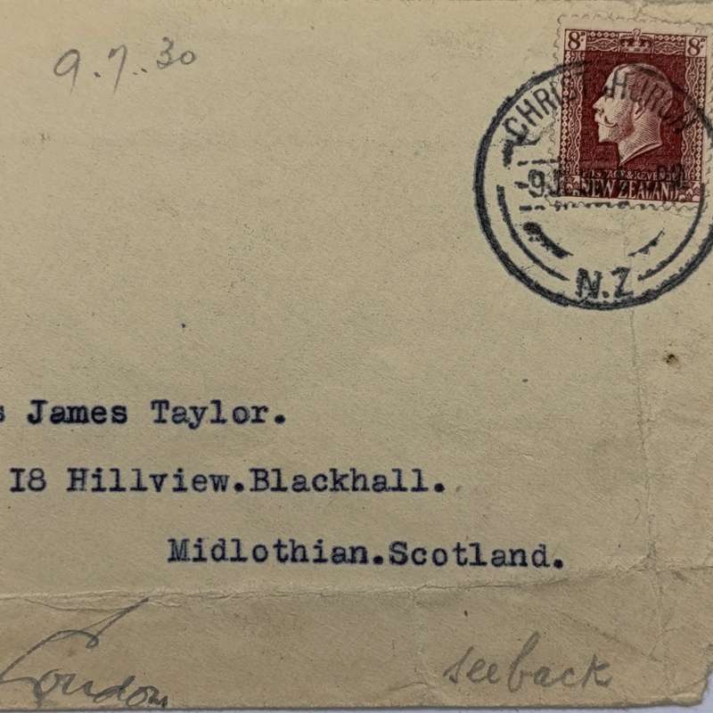 Air mail cover from Christchurch New Zealand to Scotland 9-7-1930 - with 8d New Zealand stamp
