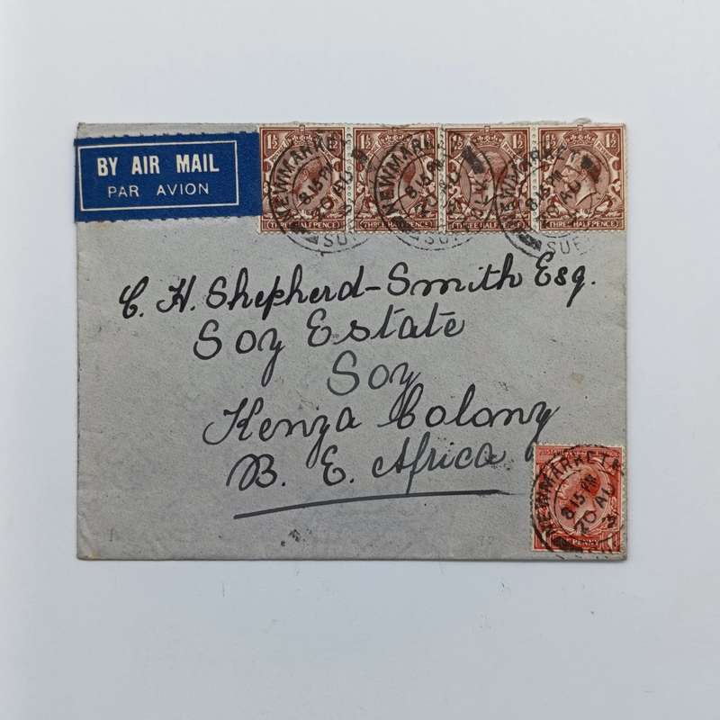 Airmail Cover Newmarket Suffolk 20 Aug 1931 to Kenya Colony British East Africa