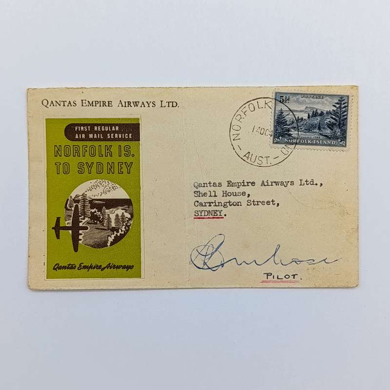 First Flight Cover Norfolk Island Australia 14 Oct 1947 signed by the pilot backstamped Sydney