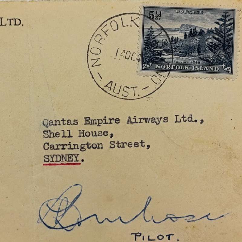 First Flight Cover Norfolk Island Australia 14 Oct 1947 signed by the pilot backstamped Sydney