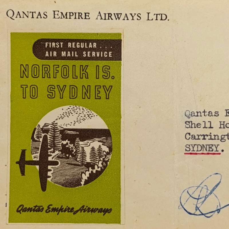 First Flight Cover Norfolk Island Australia 14 Oct 1947 signed by the pilot backstamped Sydney