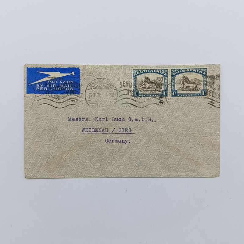 Airmail cover First Flight Johannesburg to SIEG Germany with SACC 49 pair used
