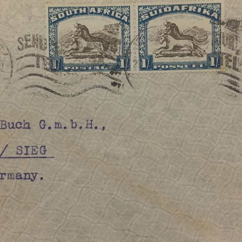 Airmail cover First Flight Johannesburg to SIEG Germany with SACC 49 pair used