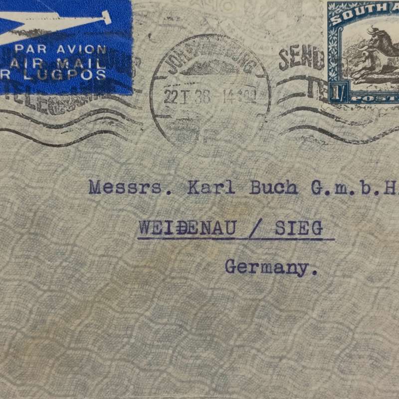 Airmail cover First Flight Johannesburg to SIEG Germany with SACC 49 pair used
