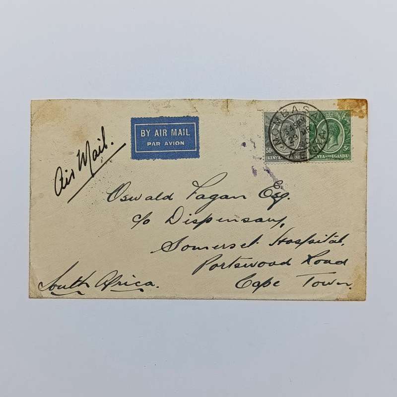 Airmail cover Mombasa Kenya to Nairobi Kenya to Cape Town - with 2 Kenya stamps cancelled