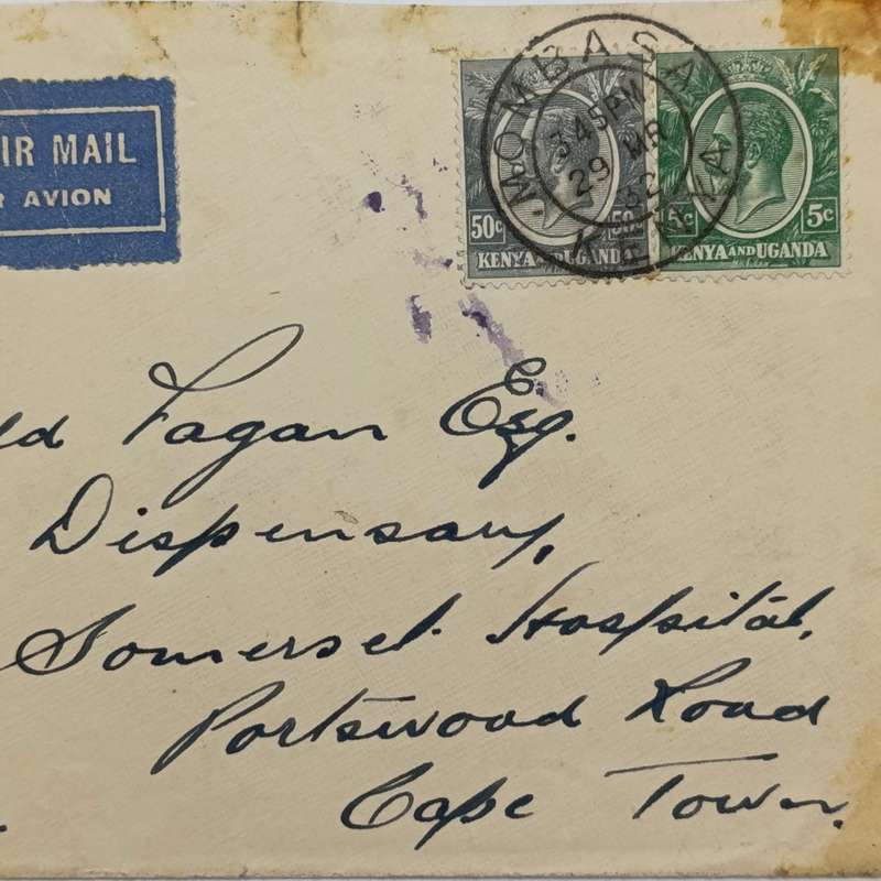 Airmail cover Mombasa Kenya to Nairobi Kenya to Cape Town - with 2 Kenya stamps cancelled