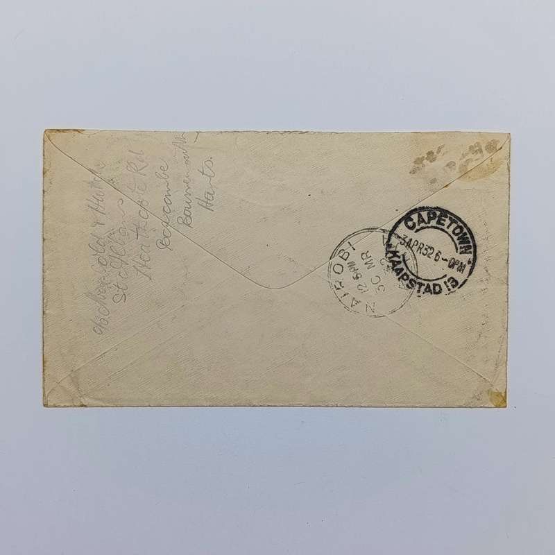 Airmail cover Mombasa Kenya to Nairobi Kenya to Cape Town - with 2 Kenya stamps cancelled