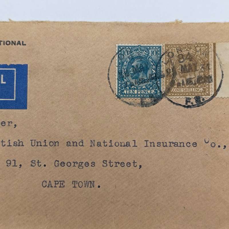 Airmail Cover London to Cape Town with British 10 pence and 15 stamps cancelled 25 May 1934
