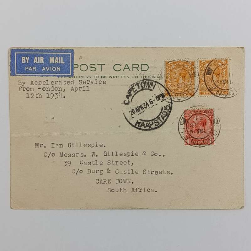 Airmail Postcard with airmail label marked "By Accelerated Service" London to Cape Town