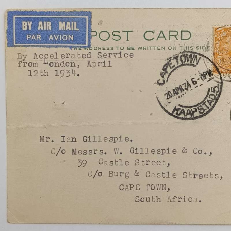 Airmail Postcard with airmail label marked "By Accelerated Service" London to Cape Town
