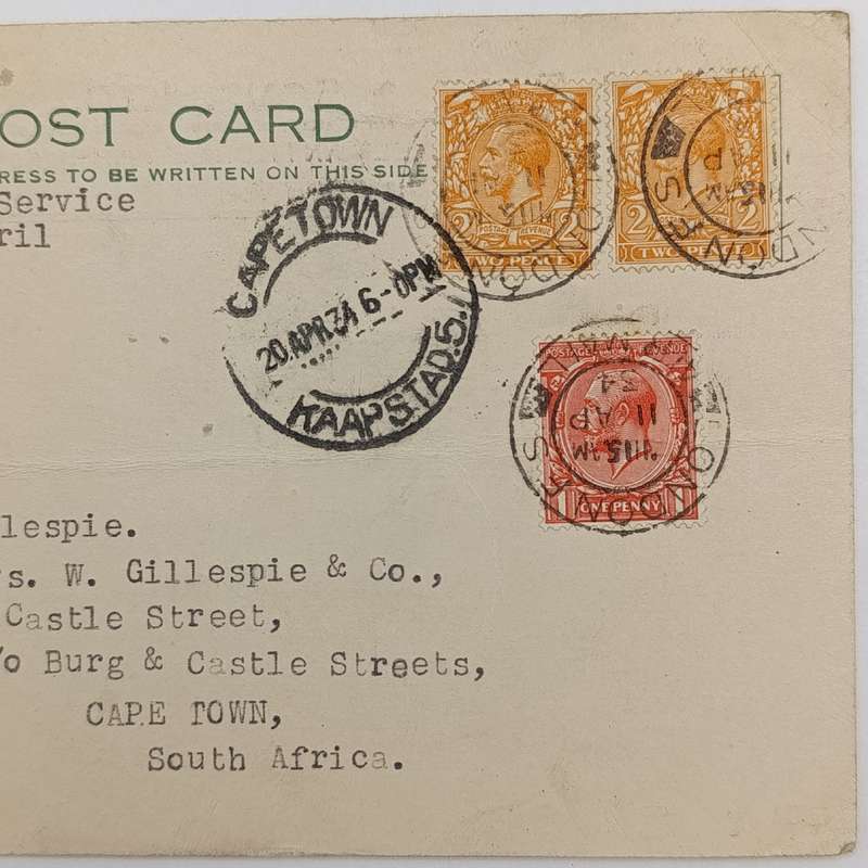 Airmail Postcard with airmail label marked "By Accelerated Service" London to Cape Town