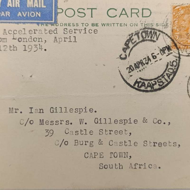 Airmail Postcard with airmail label marked "By Accelerated Service" London to Cape Town