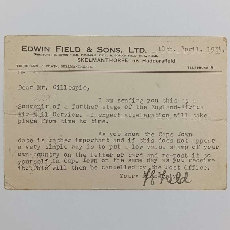 Airmail Postcard with airmail label marked "By Accelerated Service" London to Cape Town