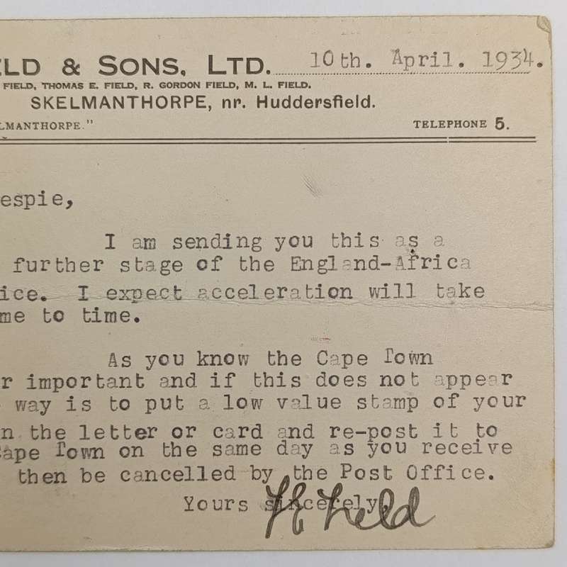 Airmail Postcard with airmail label marked "By Accelerated Service" London to Cape Town