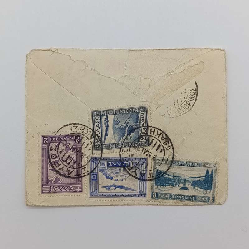 Torn Airmail cover Greece to Strand, South Africa 3 May 1935 with RAR Avion cancel on front
