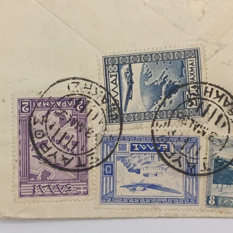Torn Airmail cover Greece to Strand, South Africa 3 May 1935 with RAR Avion cancel on front