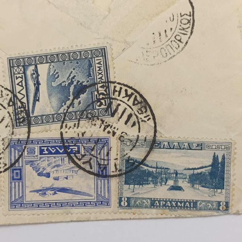Torn Airmail cover Greece to Strand, South Africa 3 May 1935 with RAR Avion cancel on front