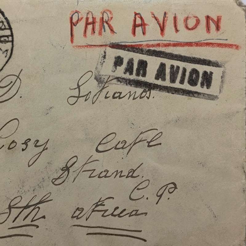Torn Airmail cover Greece to Strand, South Africa 3 May 1935 with RAR Avion cancel on front