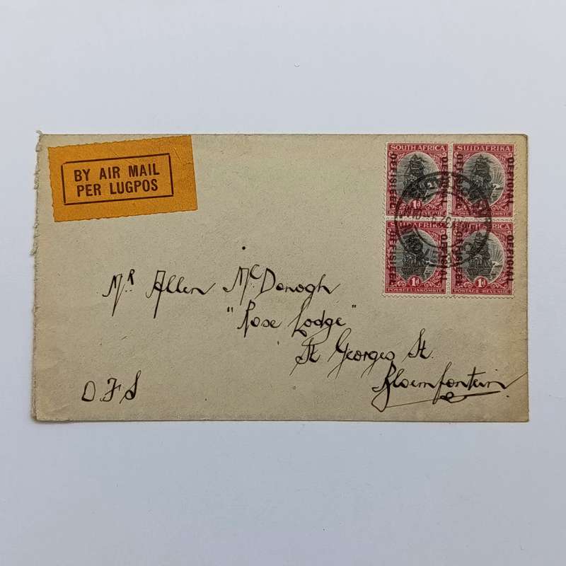 Airmail Cover Cape Town South Africa to Bloemfontein South Africa with block of 4 official stamps