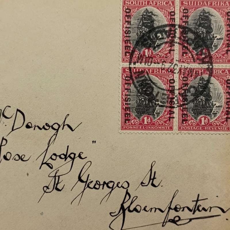 Airmail Cover Cape Town South Africa to Bloemfontein South Africa with block of 4 official stamps