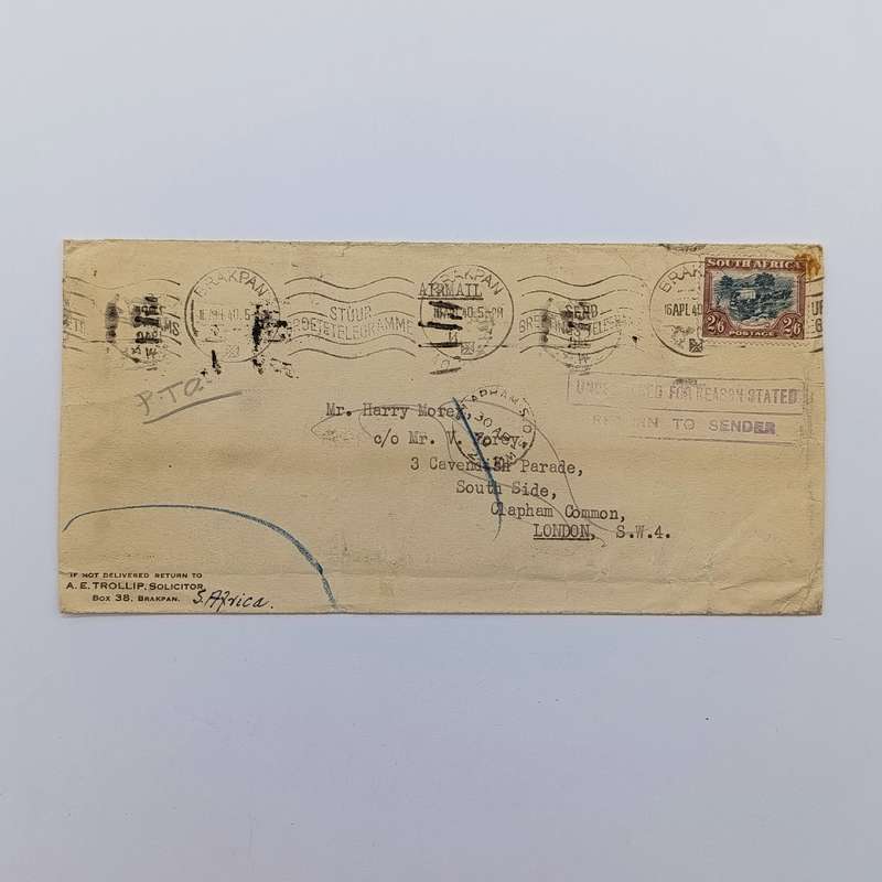 Airmail cover South Africa to London with 2/6 wartime rate stamp cancelled Brakpan 15 Apr 40