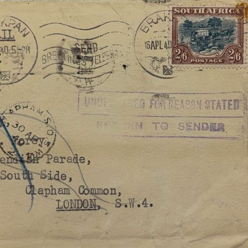 Airmail cover South Africa to London with 2/6 wartime rate stamp cancelled Brakpan 15 Apr 40
