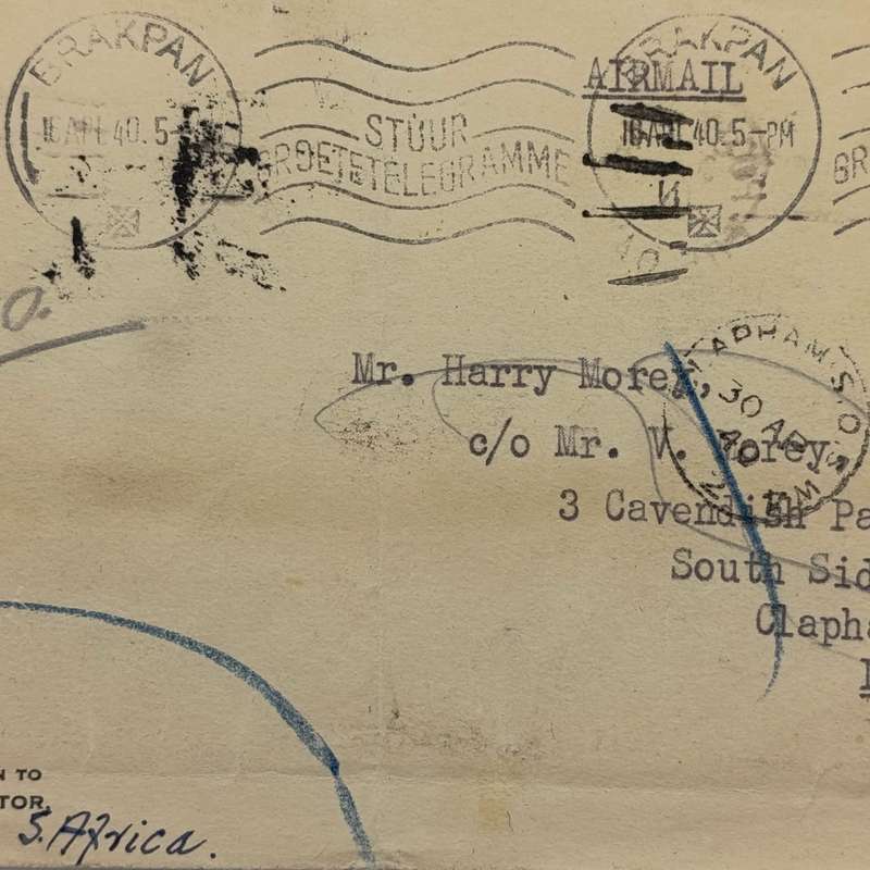 Airmail cover South Africa to London with 2/6 wartime rate stamp cancelled Brakpan 15 Apr 40