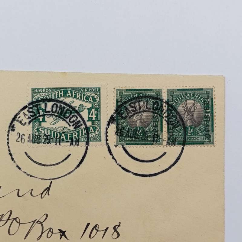 Air mail cover East London to Pretoria cancelled 26 Aug 1929 over a pair of official stamps