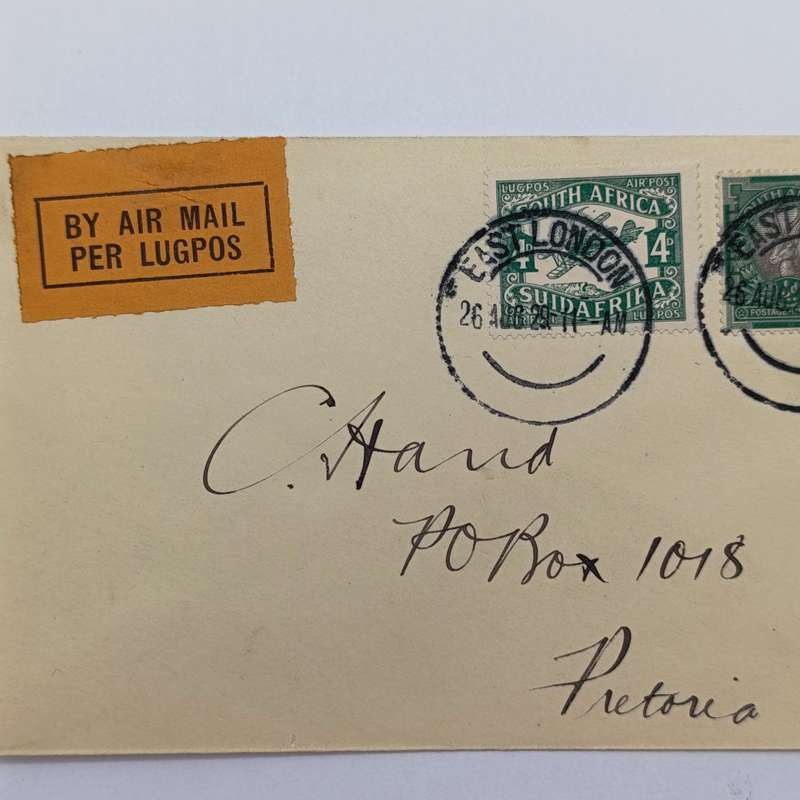 Air mail cover East London to Pretoria cancelled 26 Aug 1929 over a pair of official stamps