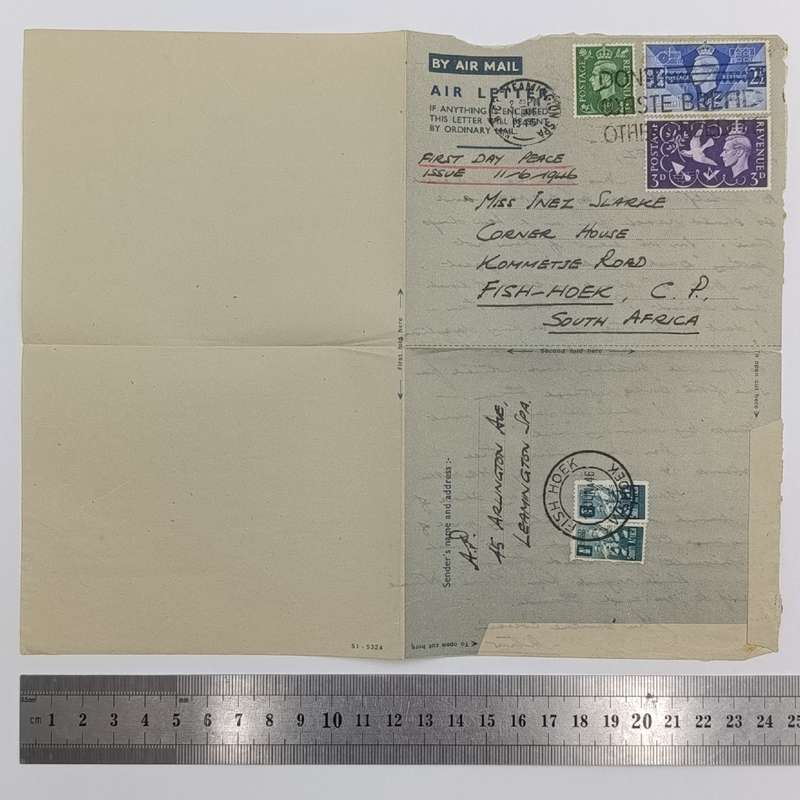 British First Day air mail peace cover 11 June 1946 England to South Africa