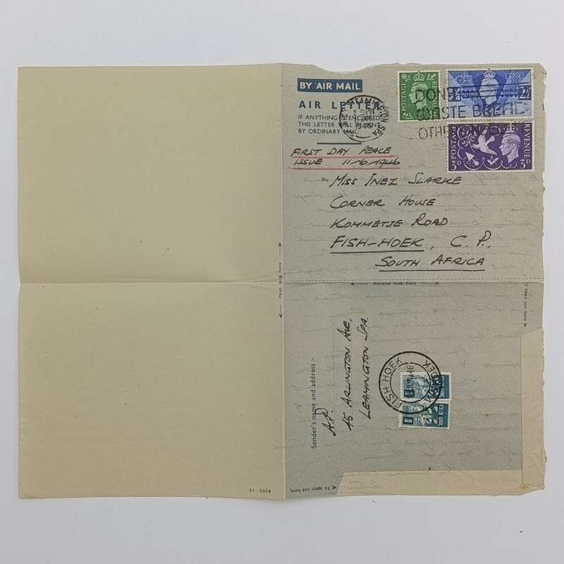 British First Day air mail peace cover 11 June 1946 England to South Africa