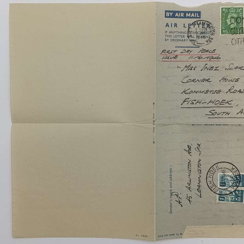 British First Day air mail peace cover 11 June 1946 England to South Africa