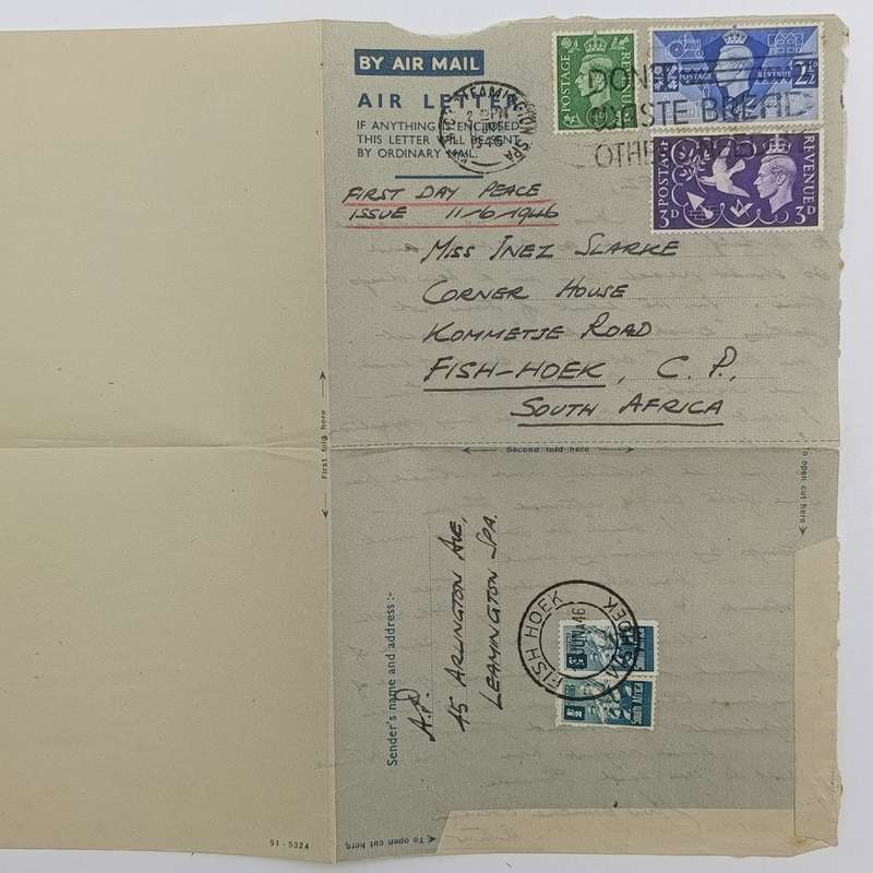 British First Day air mail peace cover 11 June 1946 England to South Africa
