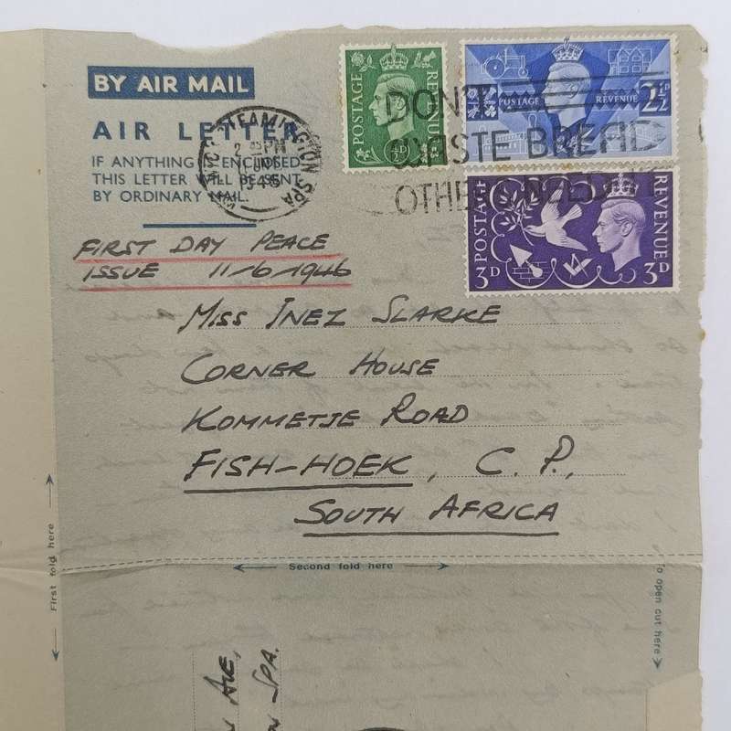 British First Day air mail peace cover 11 June 1946 England to South Africa