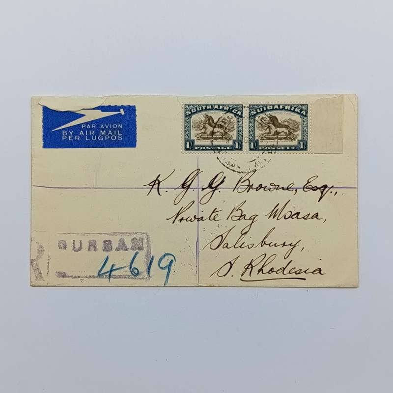 South Africa registered airmail cover with 1 shilling roto issue and blue airmail label