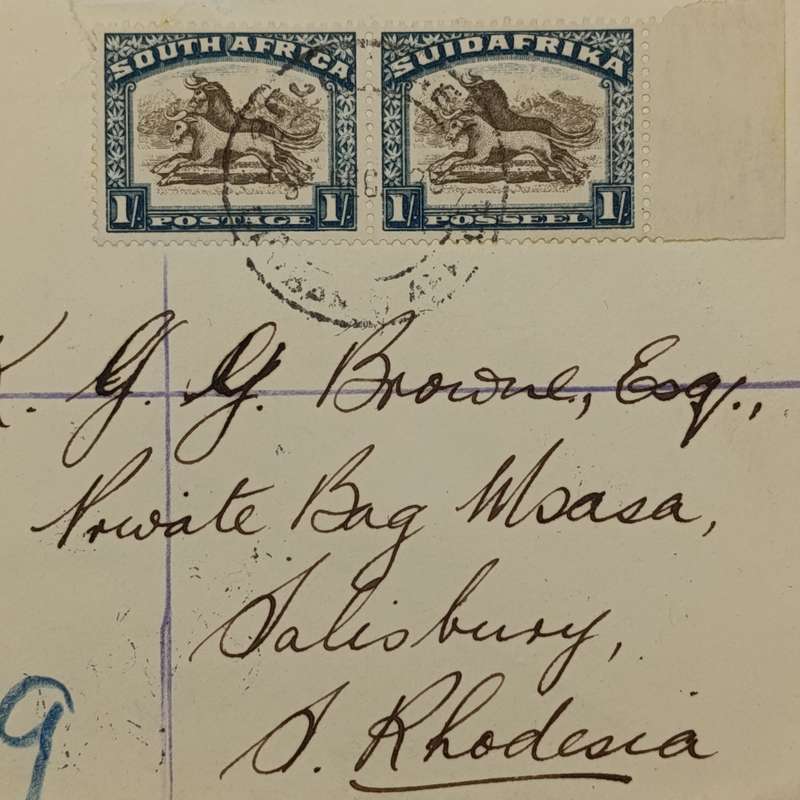 South Africa registered airmail cover with 1 shilling roto issue and blue airmail label