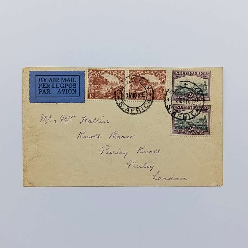 Airmail cover Kalk Bay South Africa to London England with 1st Roto Issue