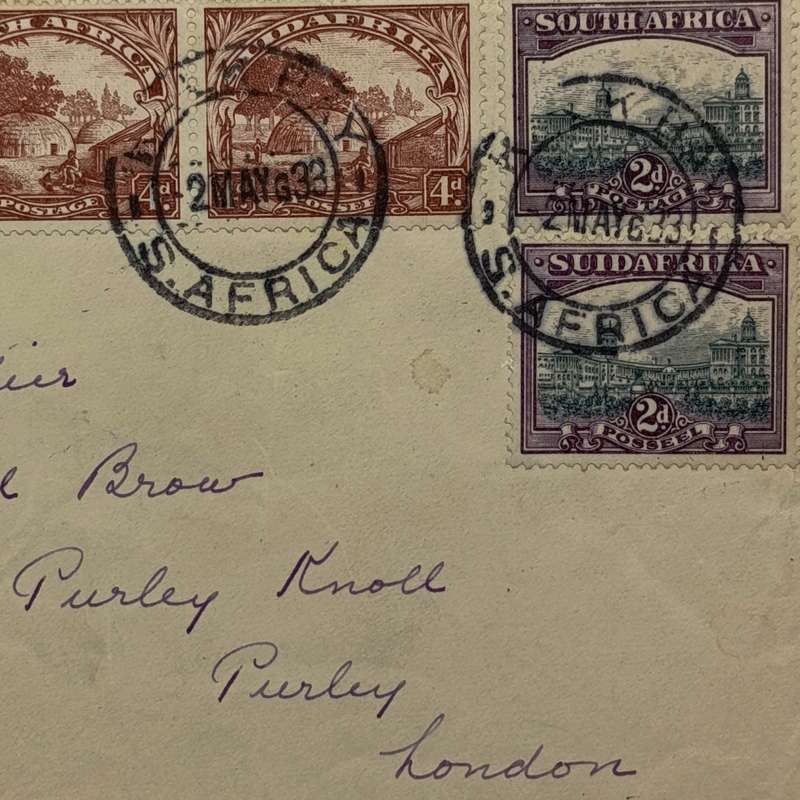 Airmail cover Kalk Bay South Africa to London England with 1st Roto Issue