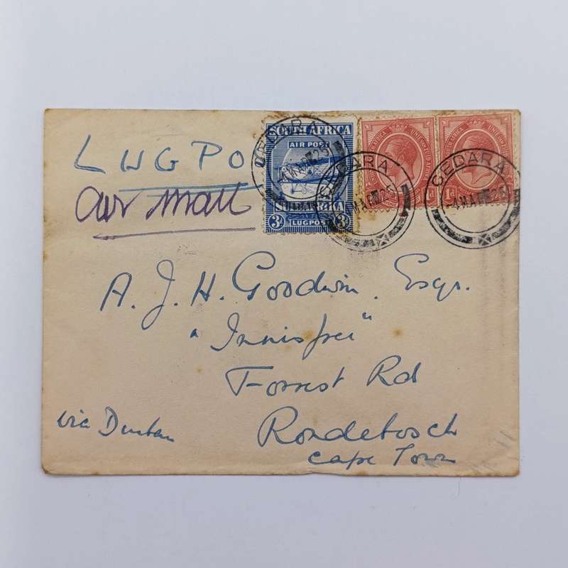 Airmail cover cedara to Rondebosch South Africa with 3x South African stamps cancelled Cedara