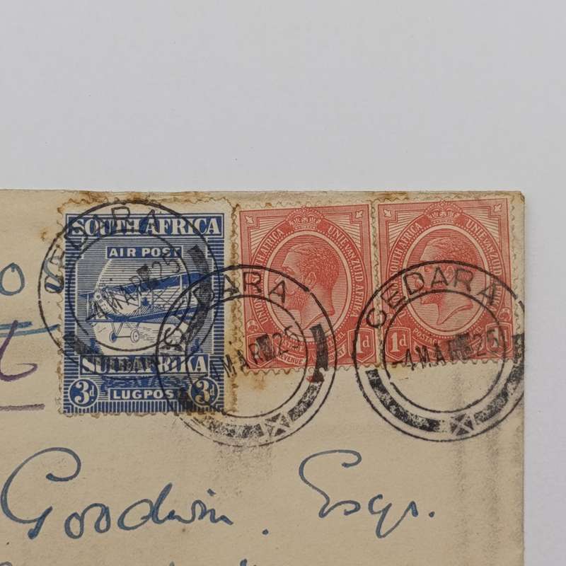 Airmail cover cedara to Rondebosch South Africa with 3x South African stamps cancelled Cedara