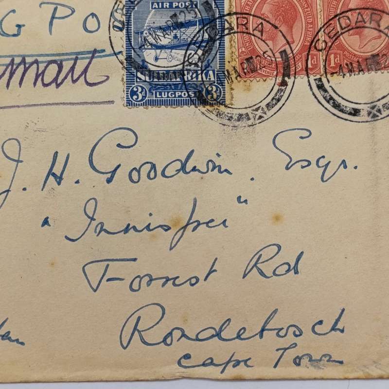 Airmail cover cedara to Rondebosch South Africa with 3x South African stamps cancelled Cedara