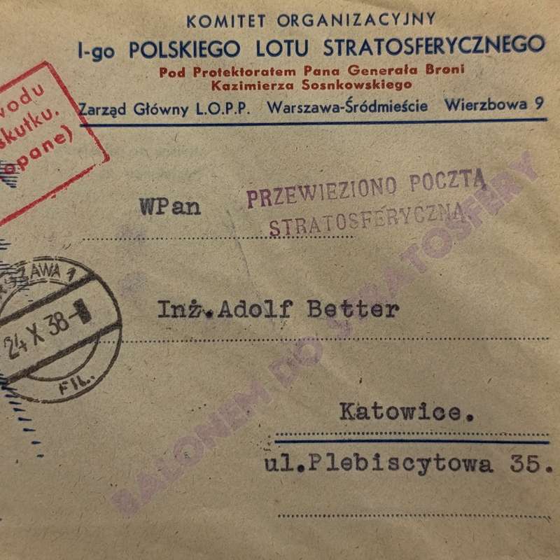 Balloon cover for the first flight into the Stratosphere - Poland 24/10/38