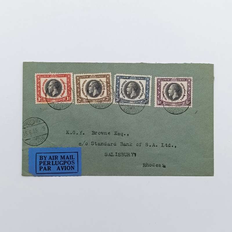 Airmail cover Windhoek SWA to Salisbury Rhodesia with 4 x 1935 SWA stamps cancelled 15-6-35 Windhoek