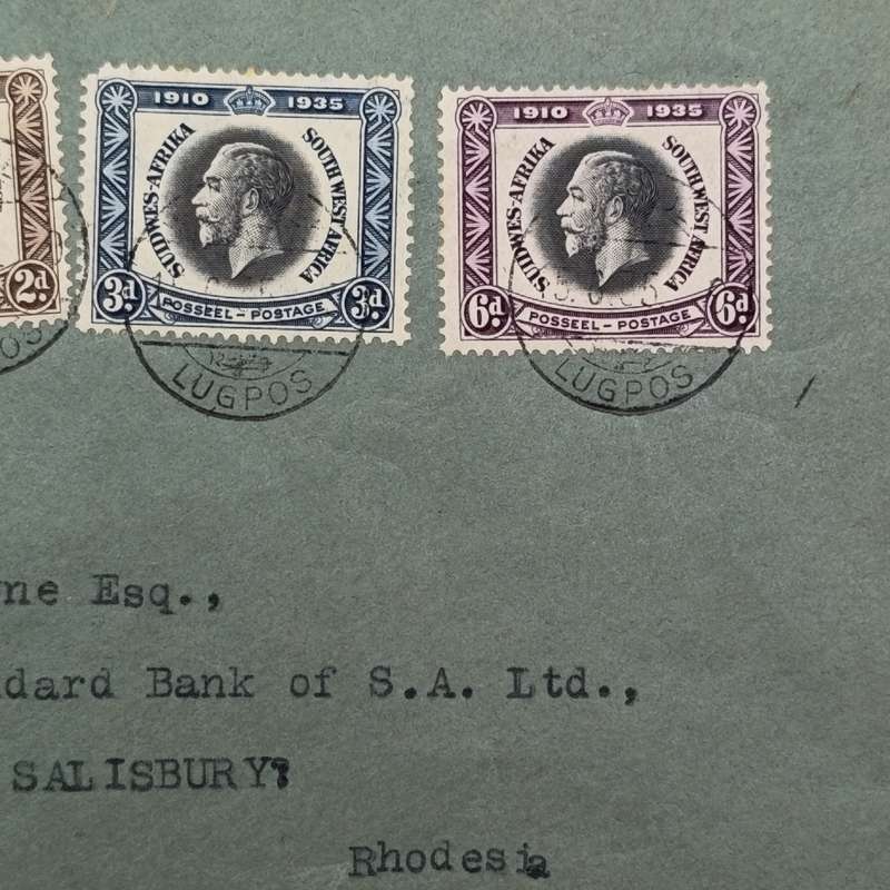 Airmail cover Windhoek SWA to Salisbury Rhodesia with 4 x 1935 SWA stamps cancelled 15-6-35 Windhoek
