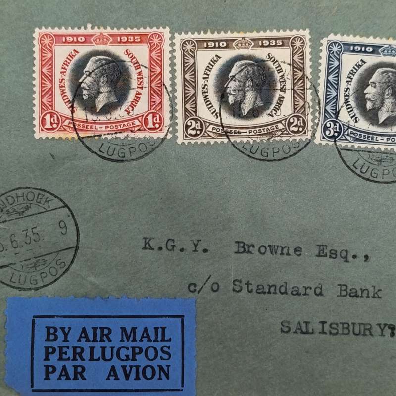 Airmail cover Windhoek SWA to Salisbury Rhodesia with 4 x 1935 SWA stamps cancelled 15-6-35 Windhoek
