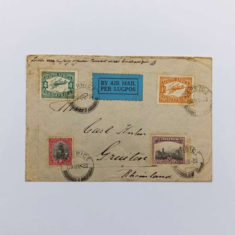 Airmail cover Berbice (near Piet Retief) to Rheinland Germany with 4x South Africa stamps