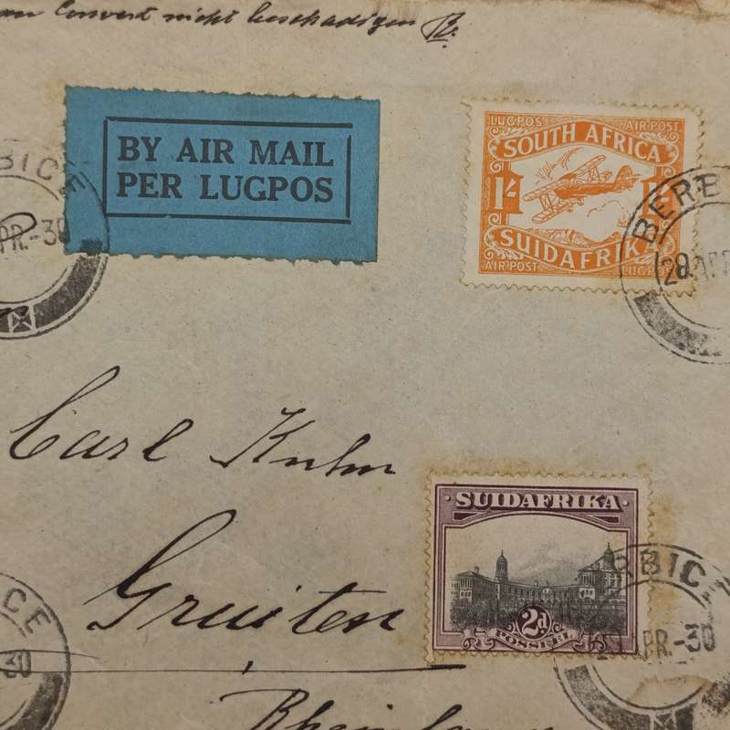 Airmail cover Berbice (near Piet Retief) to Rheinland Germany with 4x South Africa stamps