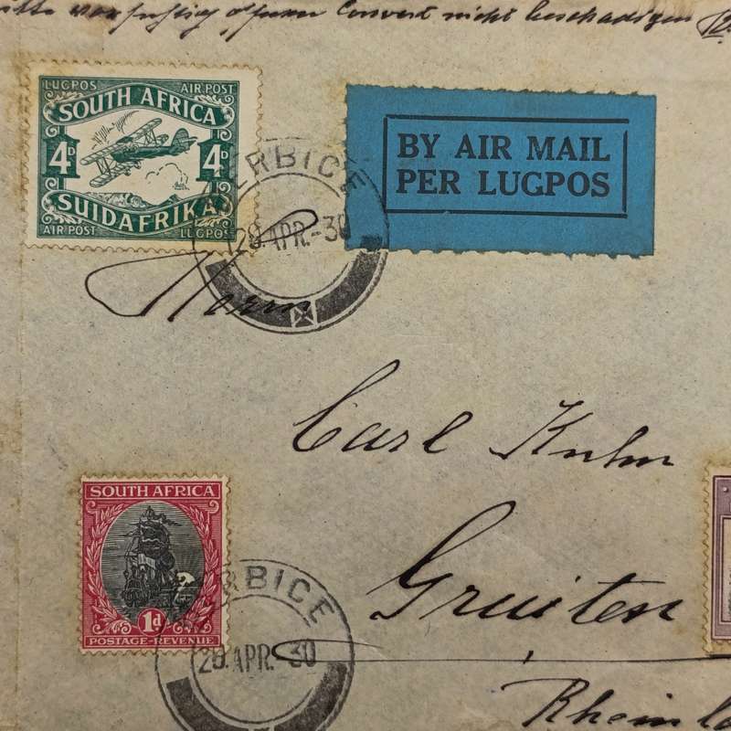 Airmail cover Berbice (near Piet Retief) to Rheinland Germany with 4x South Africa stamps