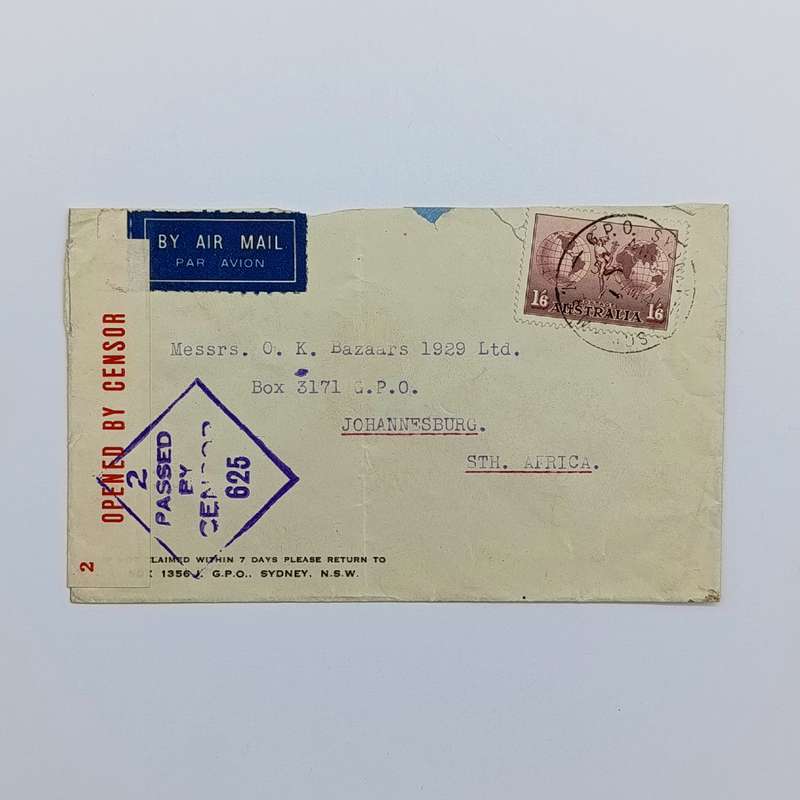 Censor Airmail cover from Sydney Australia to Johannesburg South Africa 7 March 1941